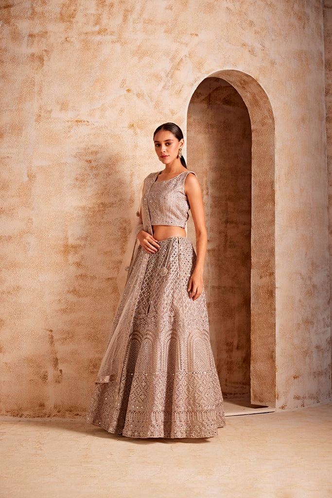 Neerus Women Beige Color Nett Fabric Ghagra Set - Image 3