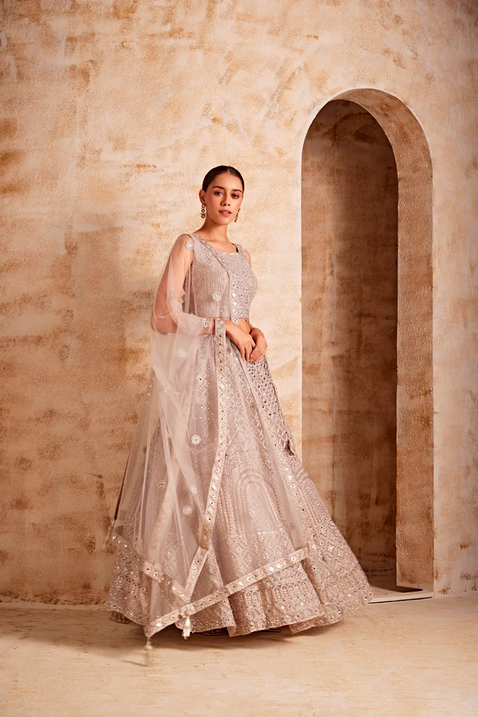 Neerus Women Beige Color Nett Fabric Ghagra Set - Image 4