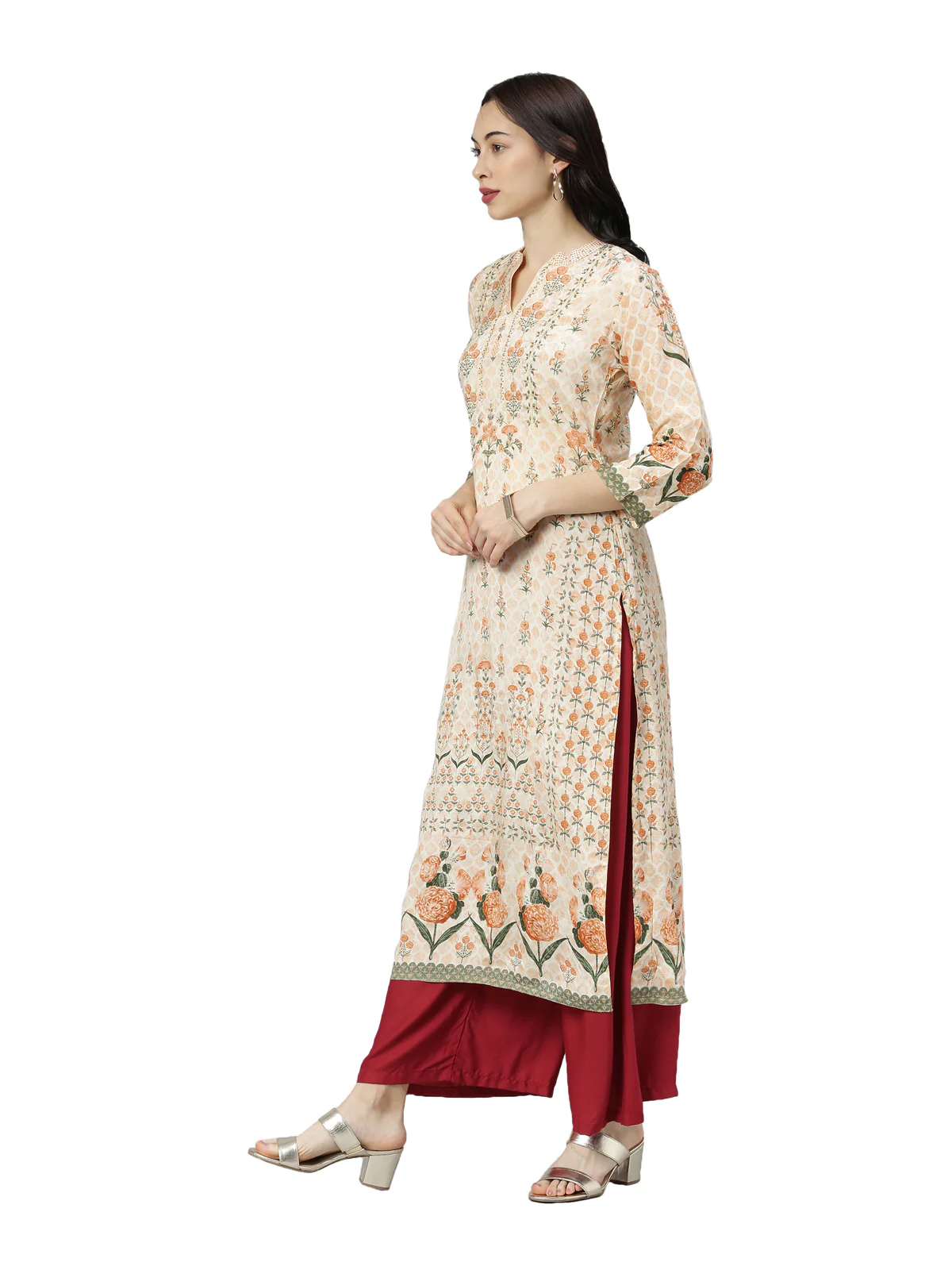 Neerus Women Beige Floral Printed Floral Kurta - Image 3