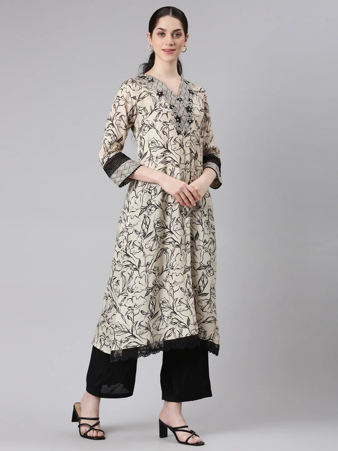 Neerus Women Beige Kurta and Trousers With Dupatta - Image 2