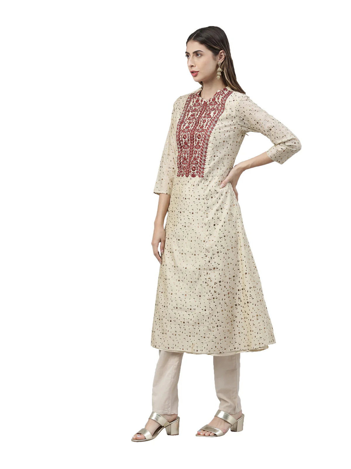 Neerus Women Beige Maroon Printed Kurta with Trousers Dupatta - Image 2