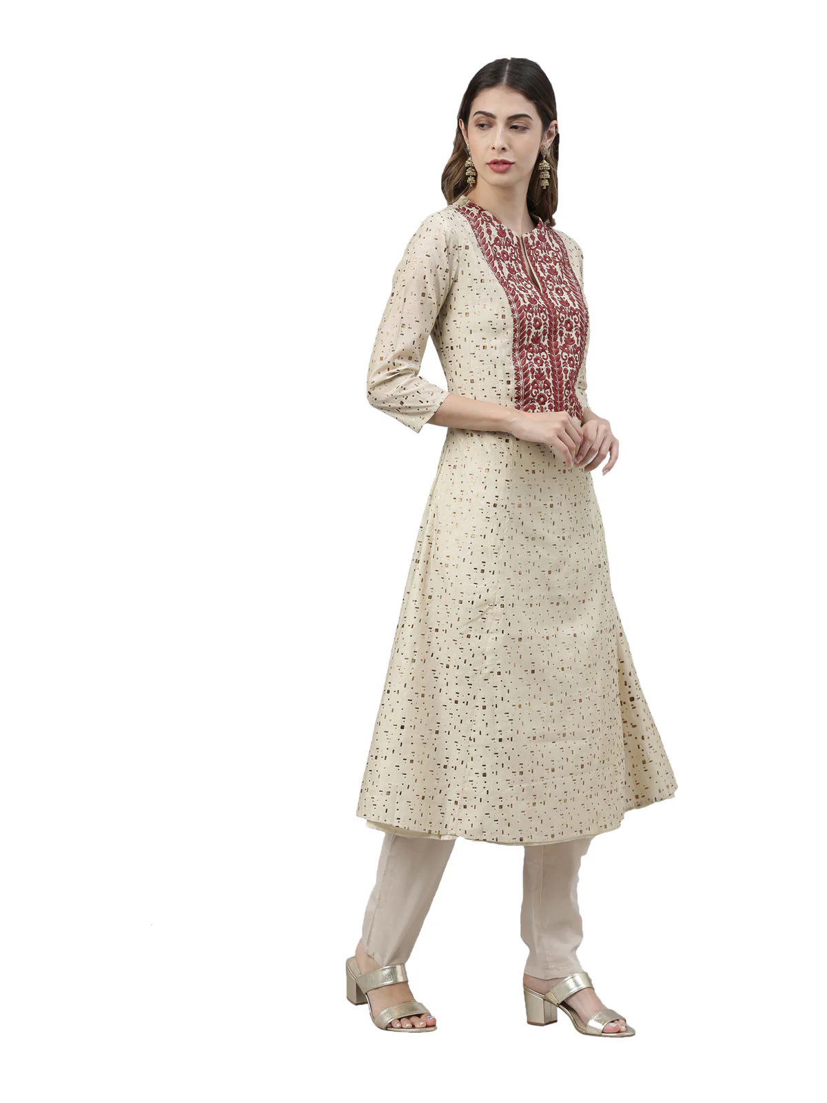 Neerus Women Beige Maroon Printed Kurta with Trousers Dupatta - Image 3