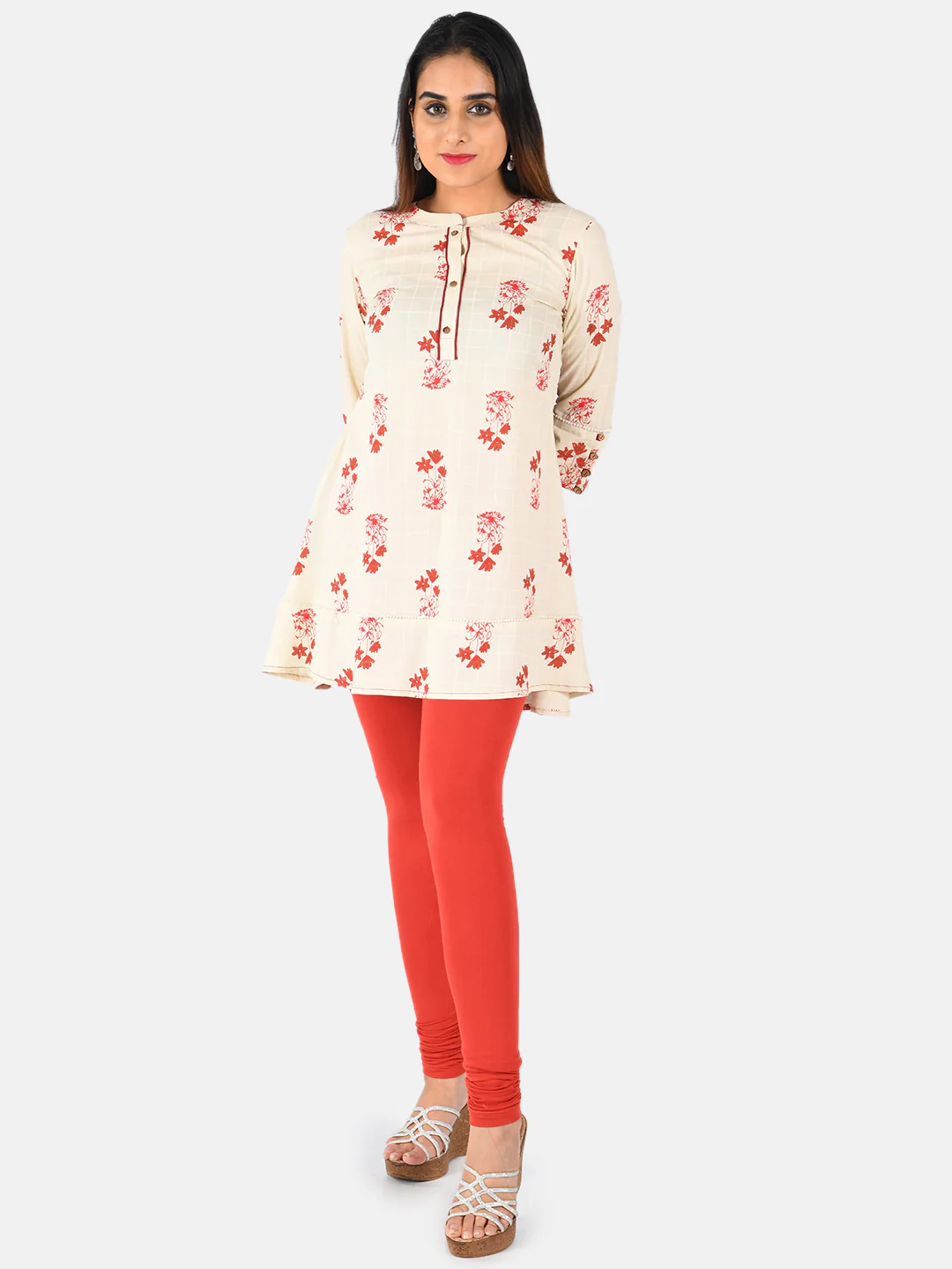 Neerus Women Beige Red Printed A-Line Kurti - Image 2