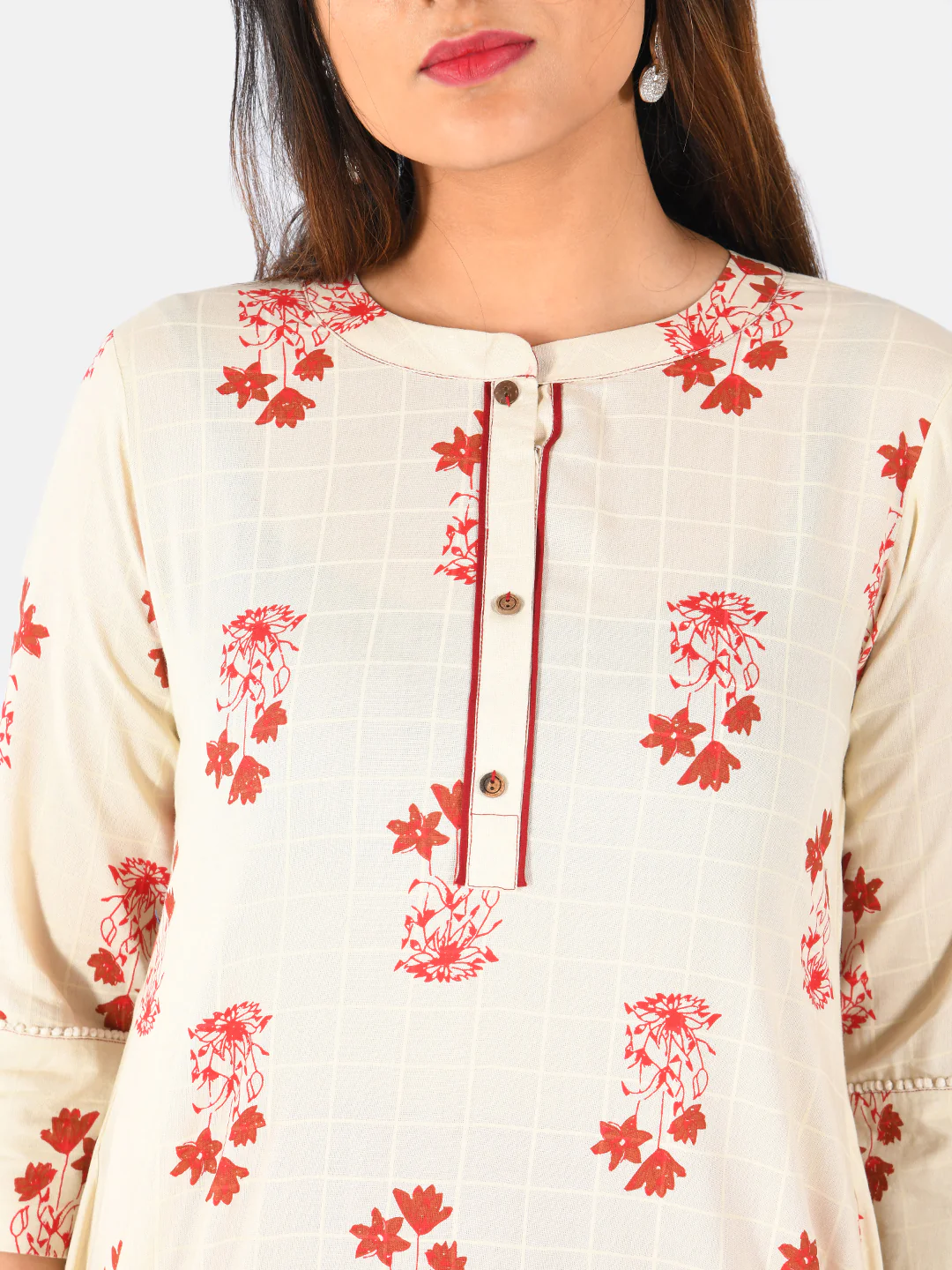 Neerus Women Beige Red Printed A-Line Kurti - Image 4