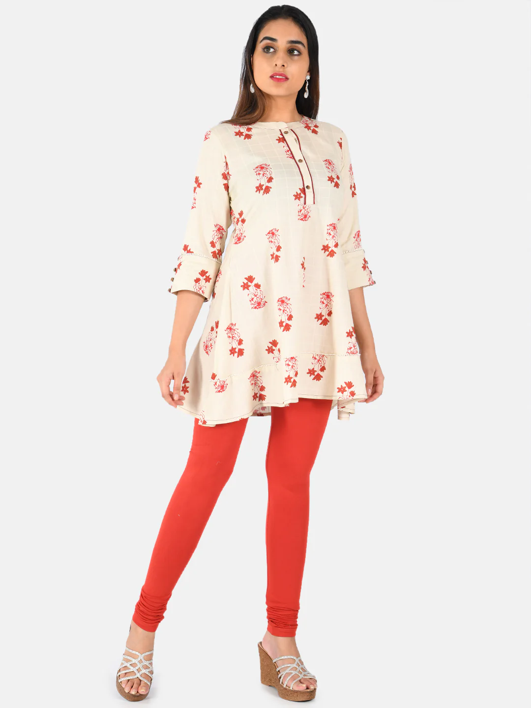 Neerus Women Beige Red Printed A-Line Kurti - Image 5