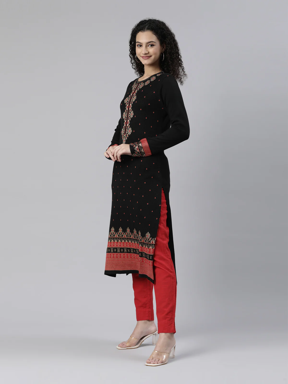 Neerus Winter Wear Black Ethnic Motifs Acrylic Dry Clean Kurta For Women - Image 2