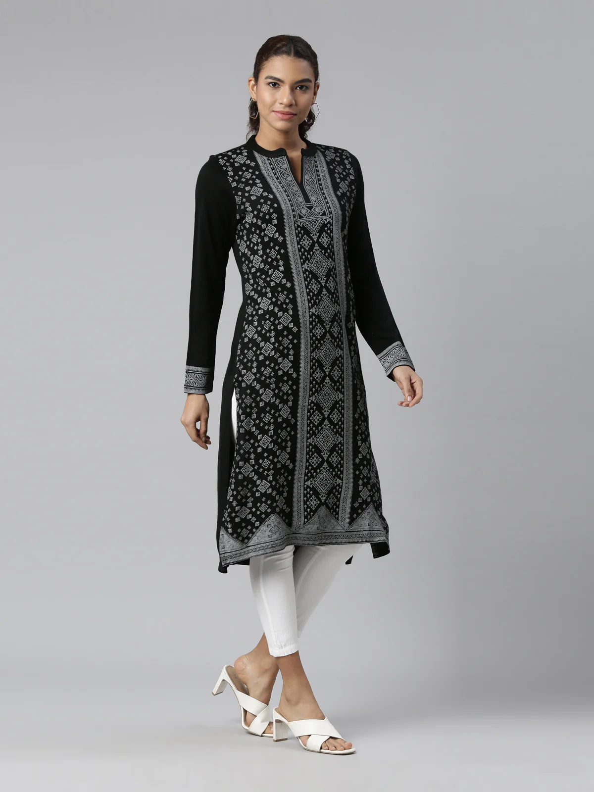 Neerus Winter Wear Black Ethnic Motifs Printed Acrylic Kurta For Women - Image 5