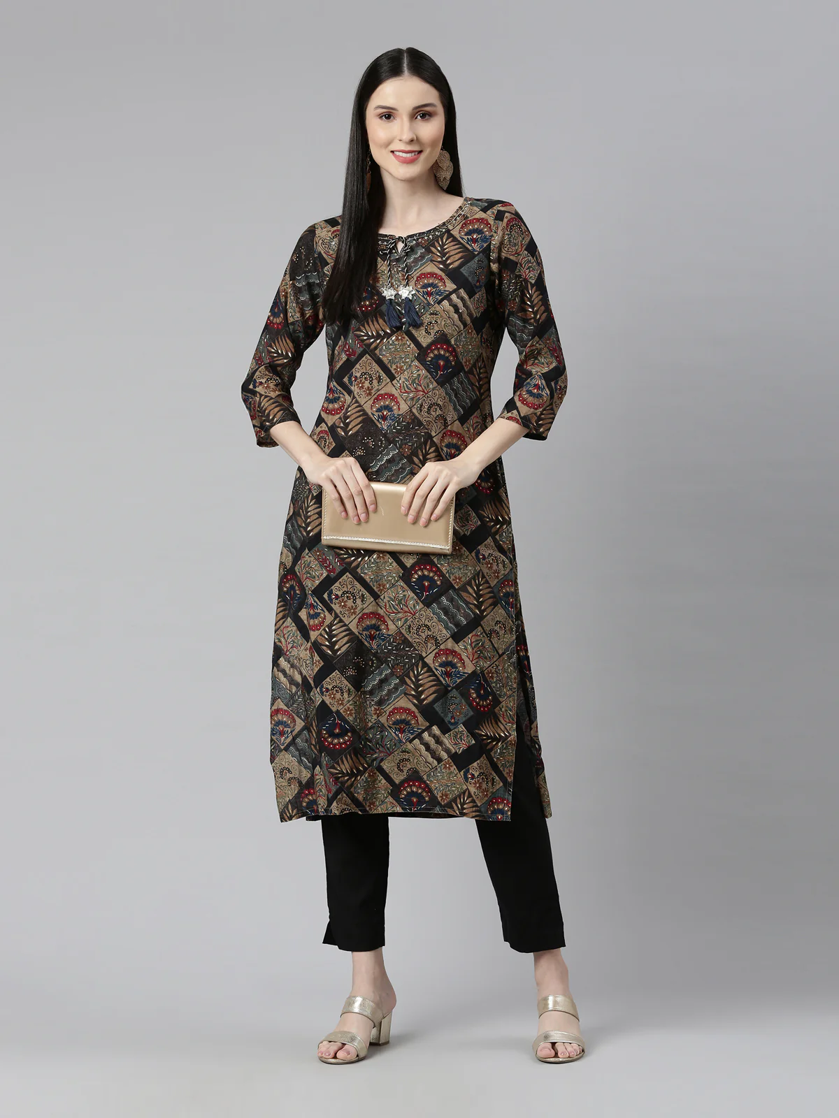 Neerus Women Black Ethnic Motifs Printed Keyhole Neck Pure Cotton Kurta - Image 6
