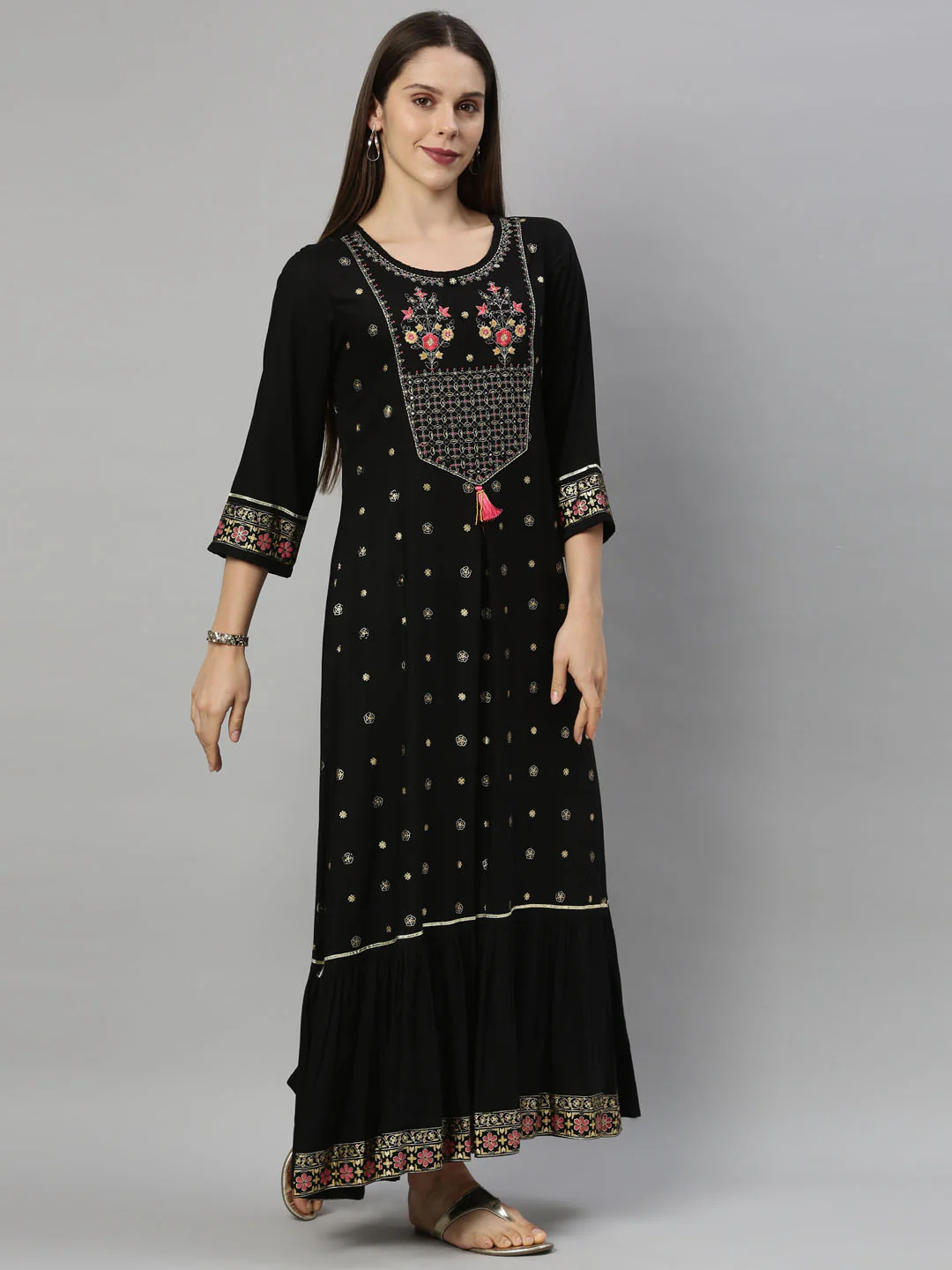 Neerus Women Black Floral Kurta - Image 5