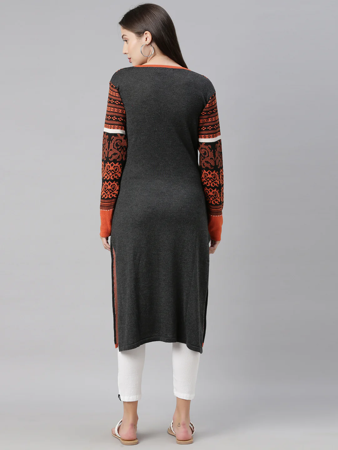 Neerus Women Black  Orange Ethnic Motifs Printed Acrylic Knitted Kurta - Image 3