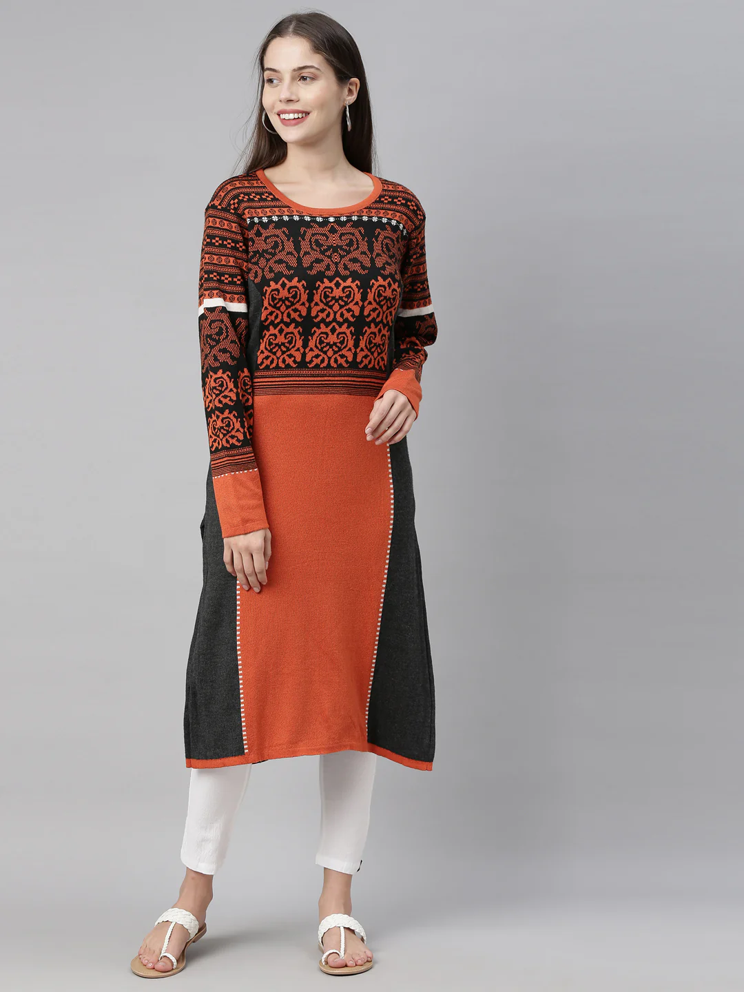 Neerus Women Black  Orange Ethnic Motifs Printed Acrylic Knitted Kurta - Image 5