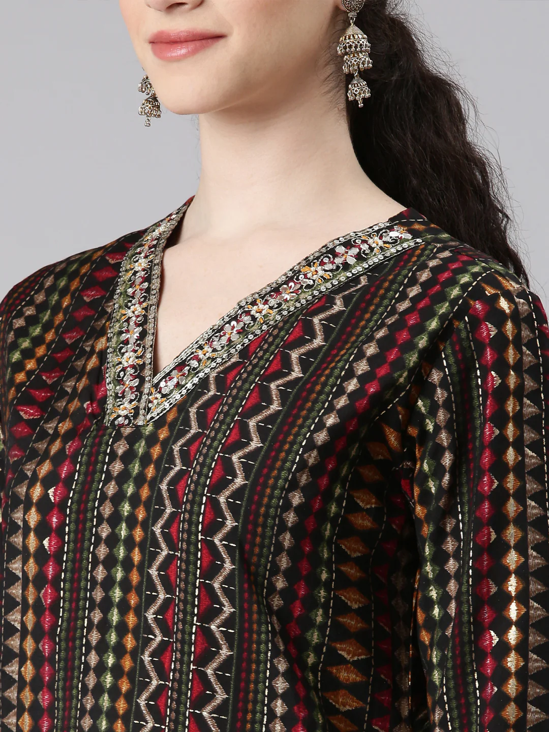 Neerus Women Black Straight Kurta and Trousers With Dupatta - Image 4