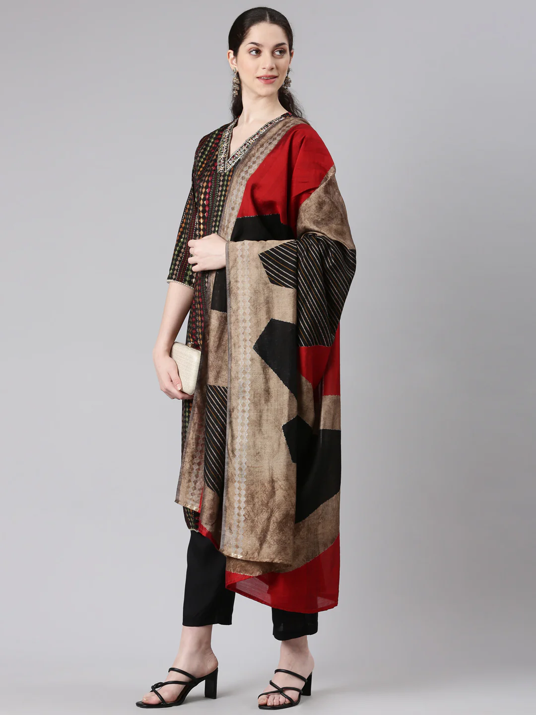 Neerus Women Black Straight Kurta and Trousers With Dupatta - Image 5