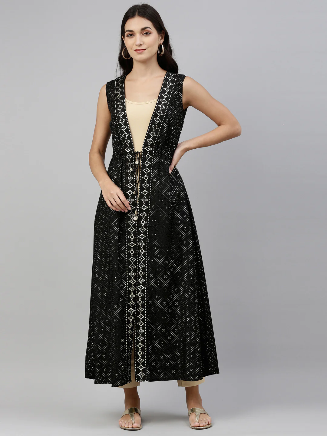 Neerus Women Black With Gold Toned Foil Printed Longline Ethnic Jacket
