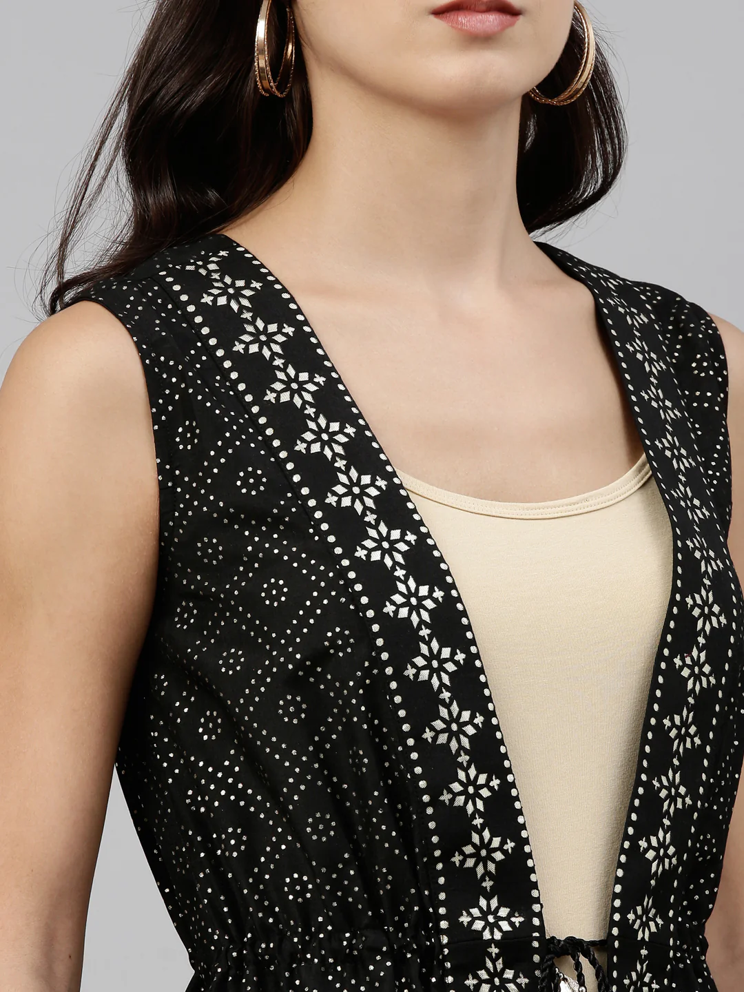 Neerus Women Black With Gold Toned Foil Printed Longline Ethnic Jacket - Image 4