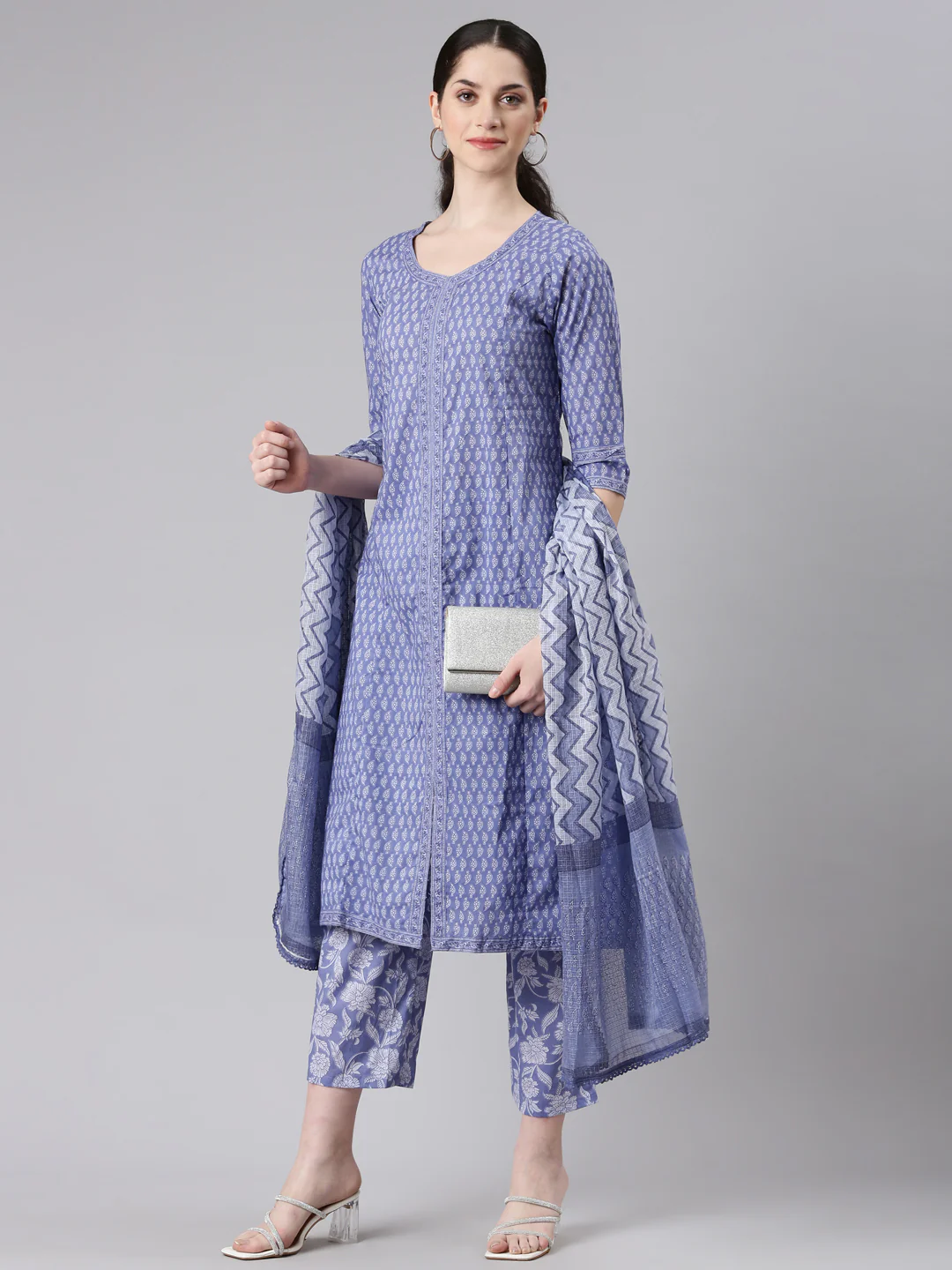 Neerus Women Blue Anarkali Kurta and Trousers With Dupatta - Image 5