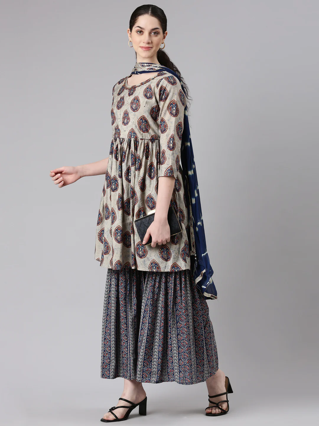Neerus Women Blue Anarkali Kurti and Sharara With Dupatta - Image 5