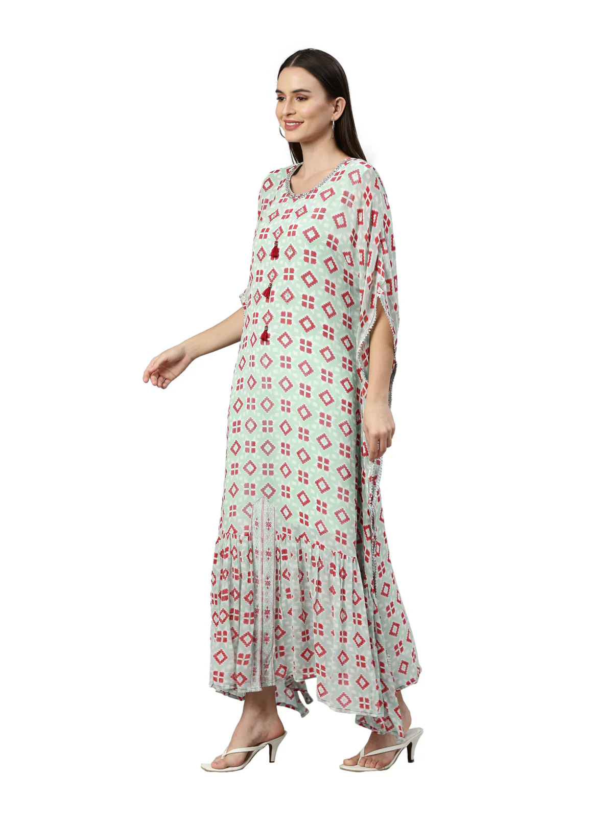 Neerus Women Blue Bandhani Printed Flared Sleeves Georgette Kaftan Kurta - Image 2