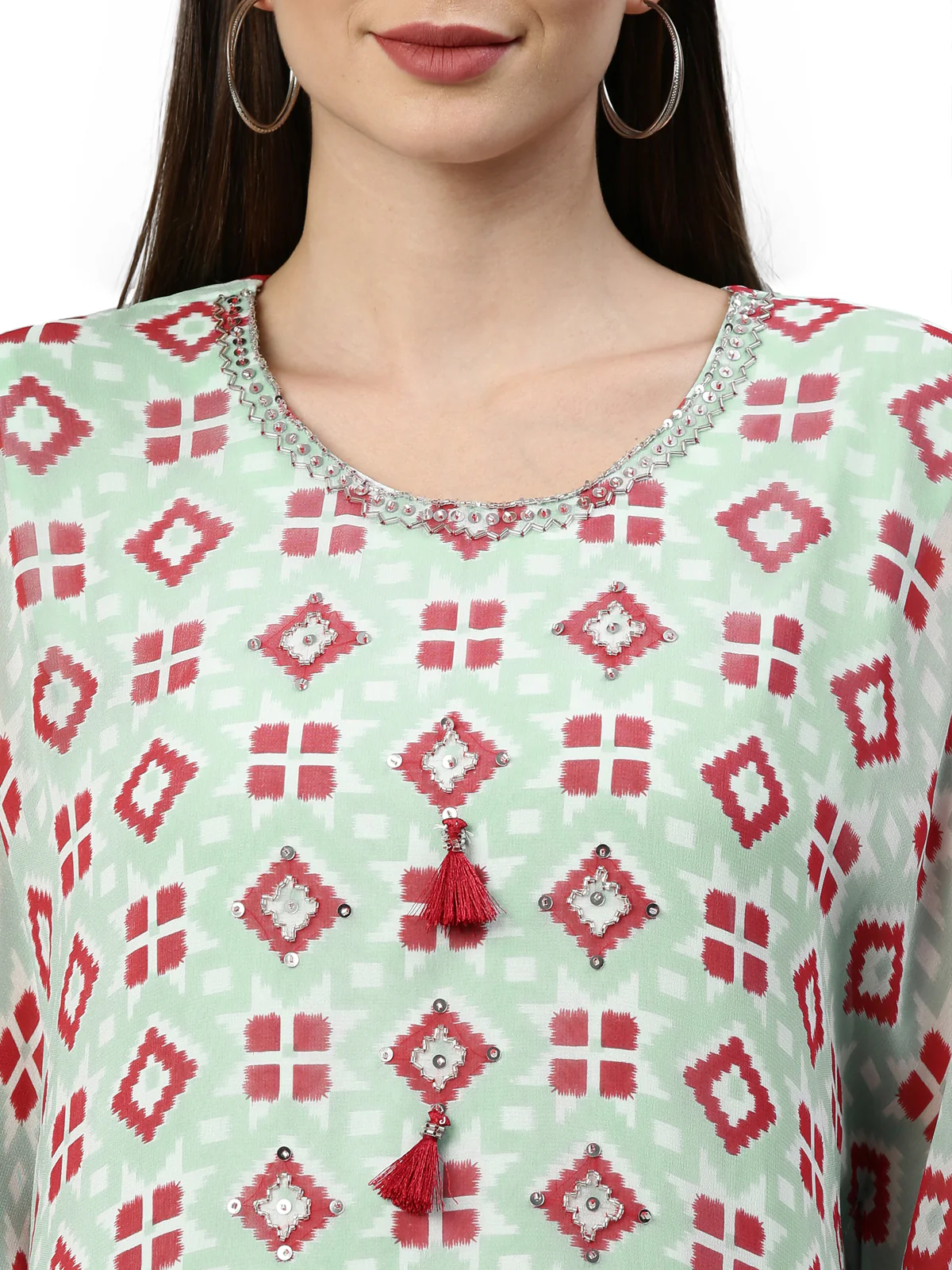 Neerus Women Blue Bandhani Printed Flared Sleeves Georgette Kaftan Kurta - Image 5