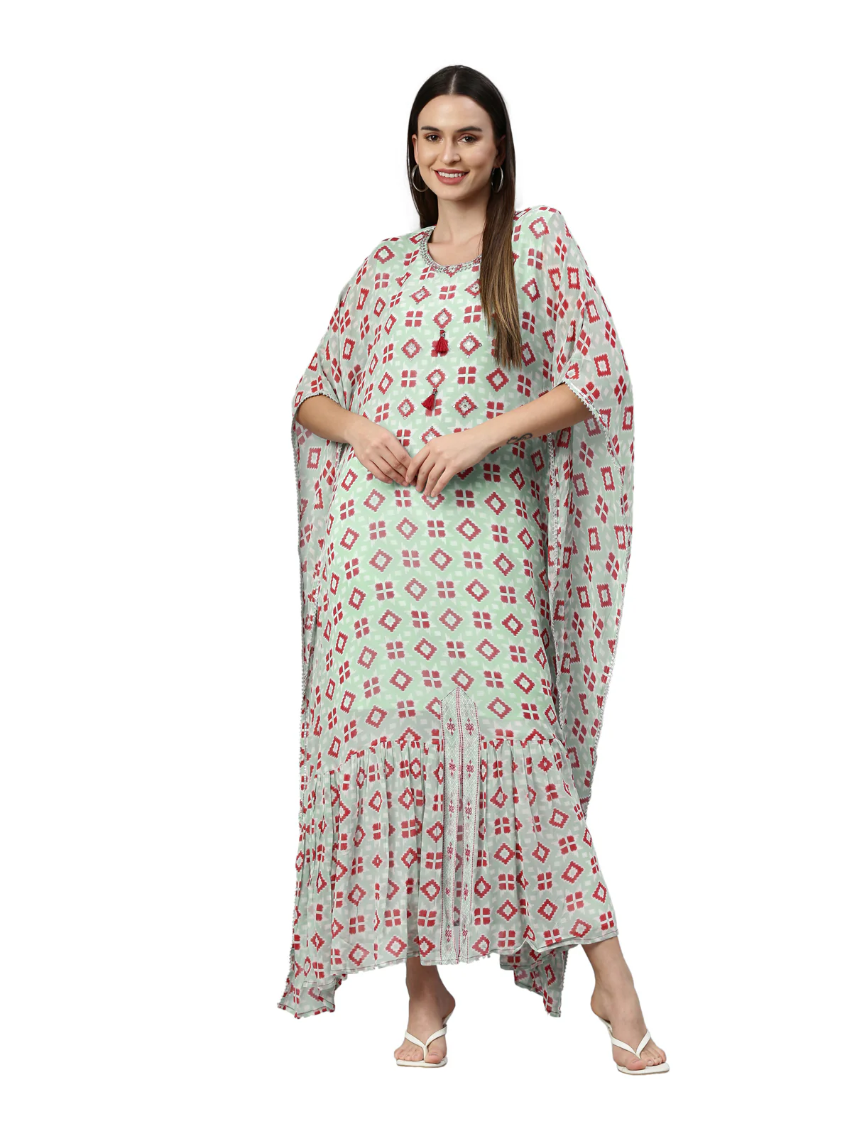 Neerus Women Blue Bandhani Printed Flared Sleeves Georgette Kaftan Kurta - Image 6