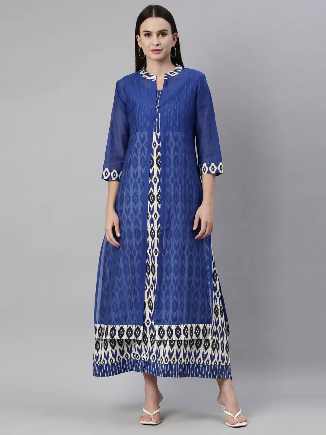 Neerus Women Blue Chanderi Ikat Silk Kurta