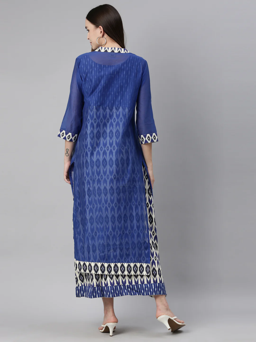 Neerus Women Blue Chanderi Ikat Silk Kurta - Image 4
