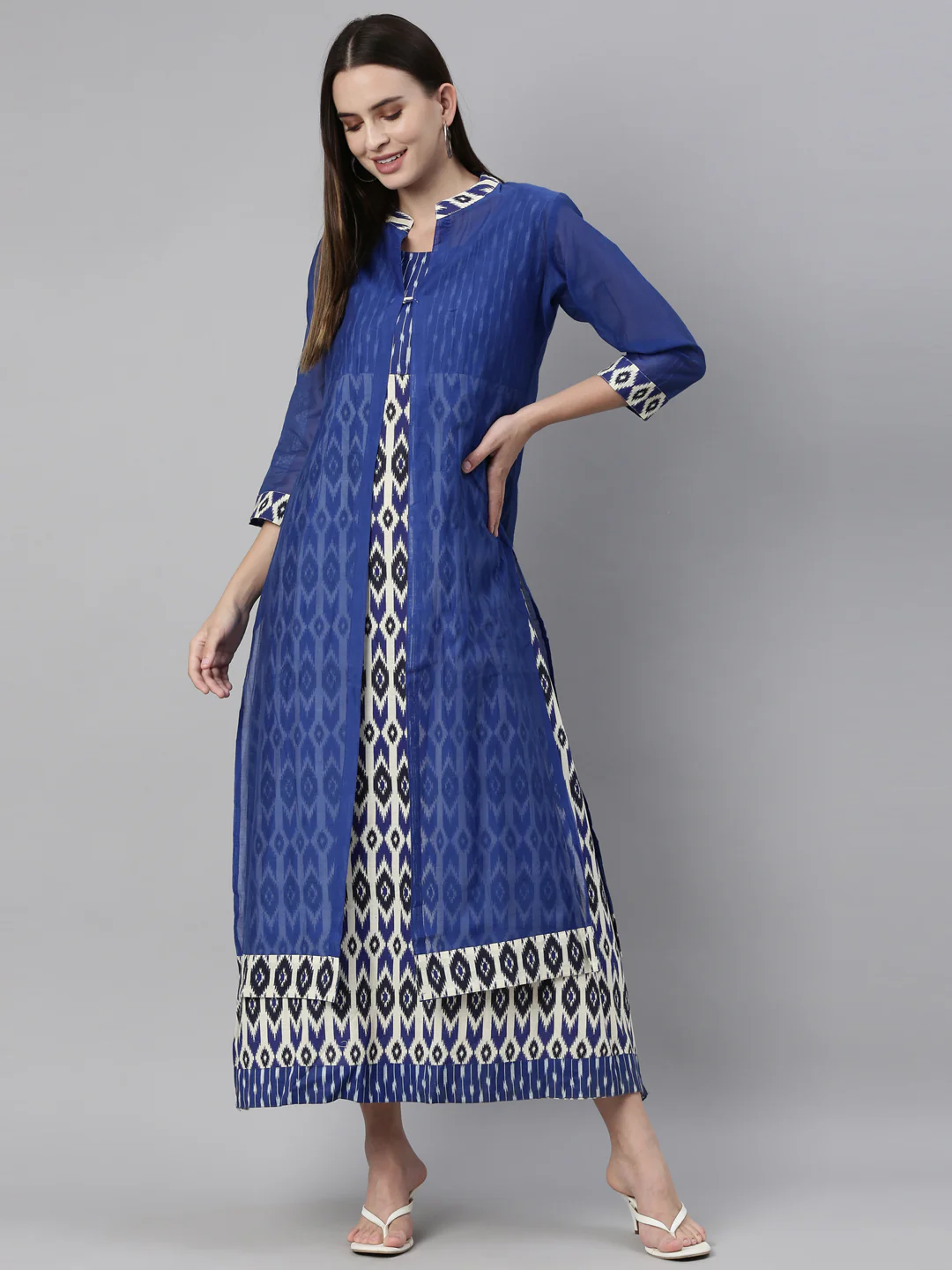 Neerus Women Blue Chanderi Ikat Silk Kurta - Image 7