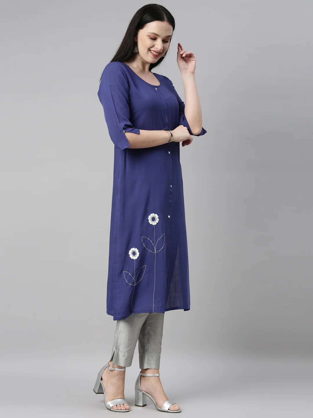 Neerus Women Blue Embroidered Kurta - Image 3