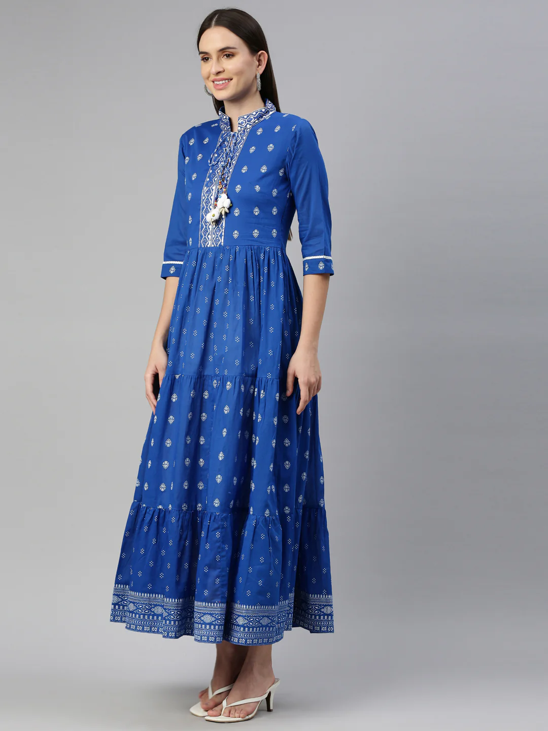 Neerus Women Blue Ethnic Motifs Embroidered Thread Work Cotton Anarkali Kurta - Image 2