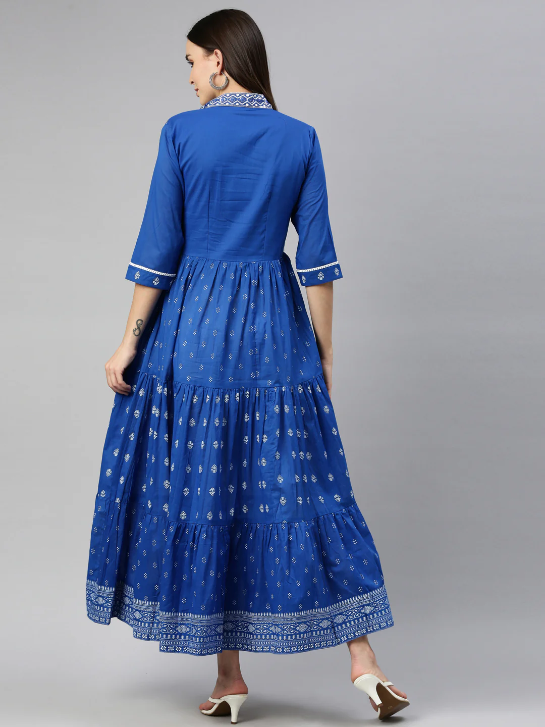Neerus Women Blue Ethnic Motifs Embroidered Thread Work Cotton Anarkali Kurta - Image 3