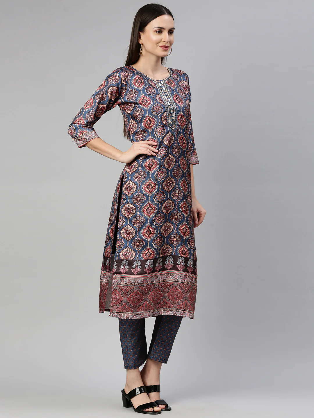 Neerus Women Blue Ethnic Motifs Printed Dupion Silk Kurta with Trousers - Image 3