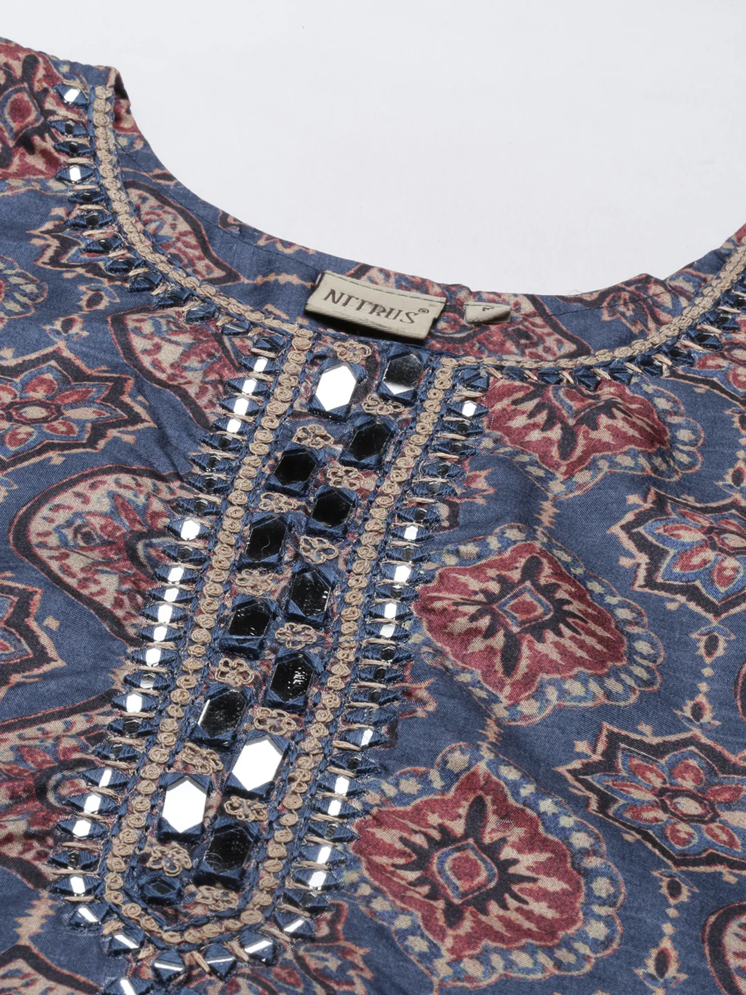Neerus Women Blue Ethnic Motifs Printed Dupion Silk Kurta with Trousers - Image 5