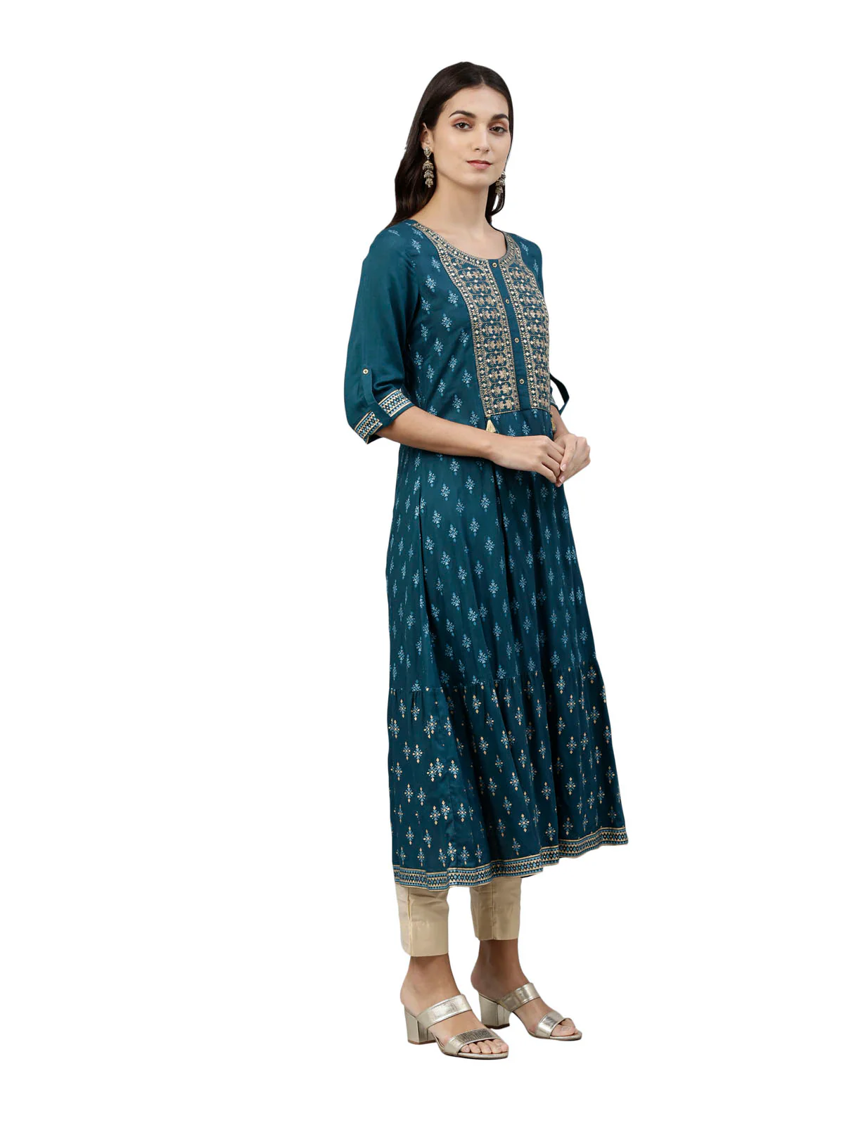 Neerus Women Blue Ethnic Motifs Printed Thread Work Kurta - Image 2
