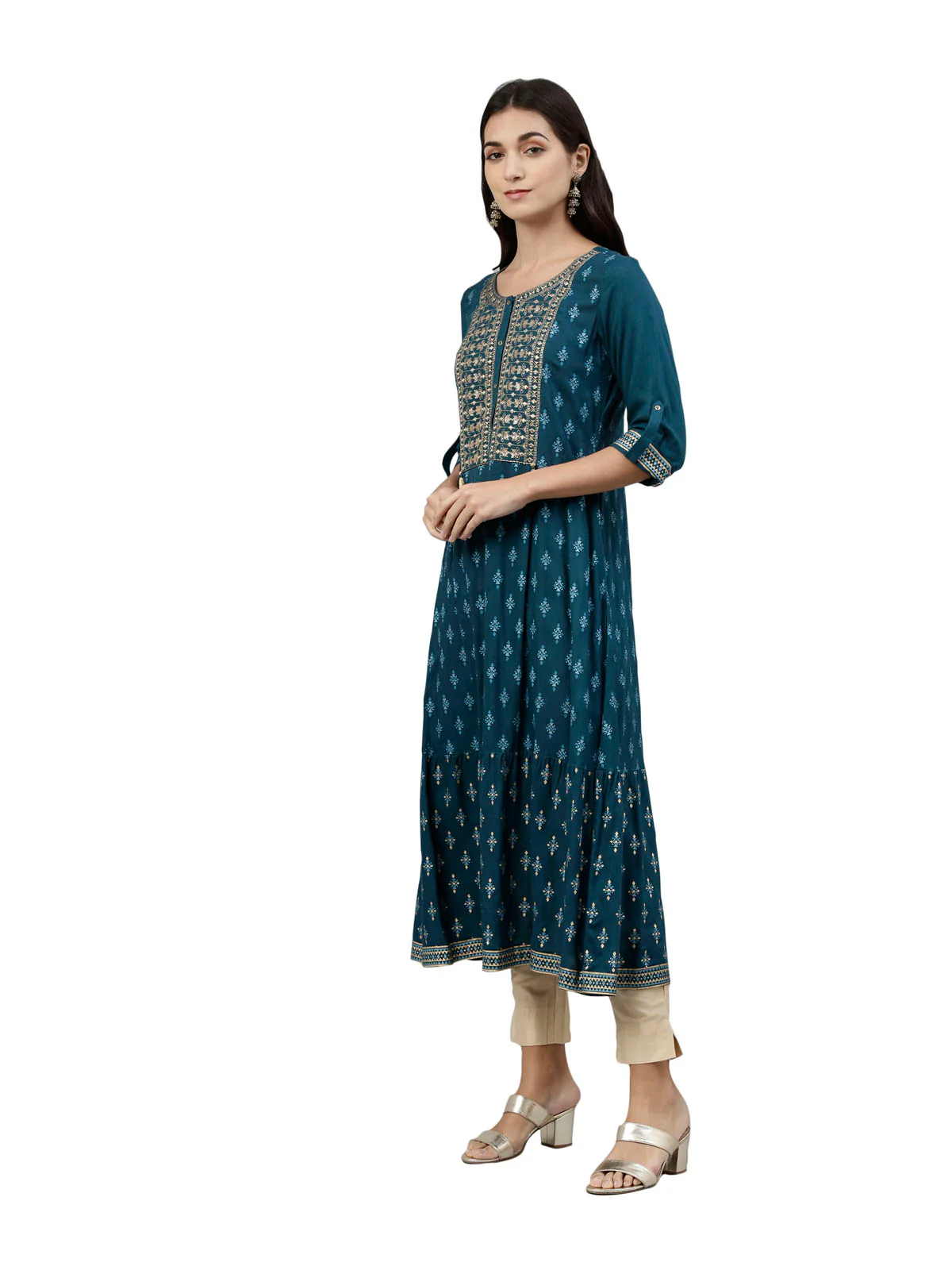 Neerus Women Blue Ethnic Motifs Printed Thread Work Kurta - Image 3