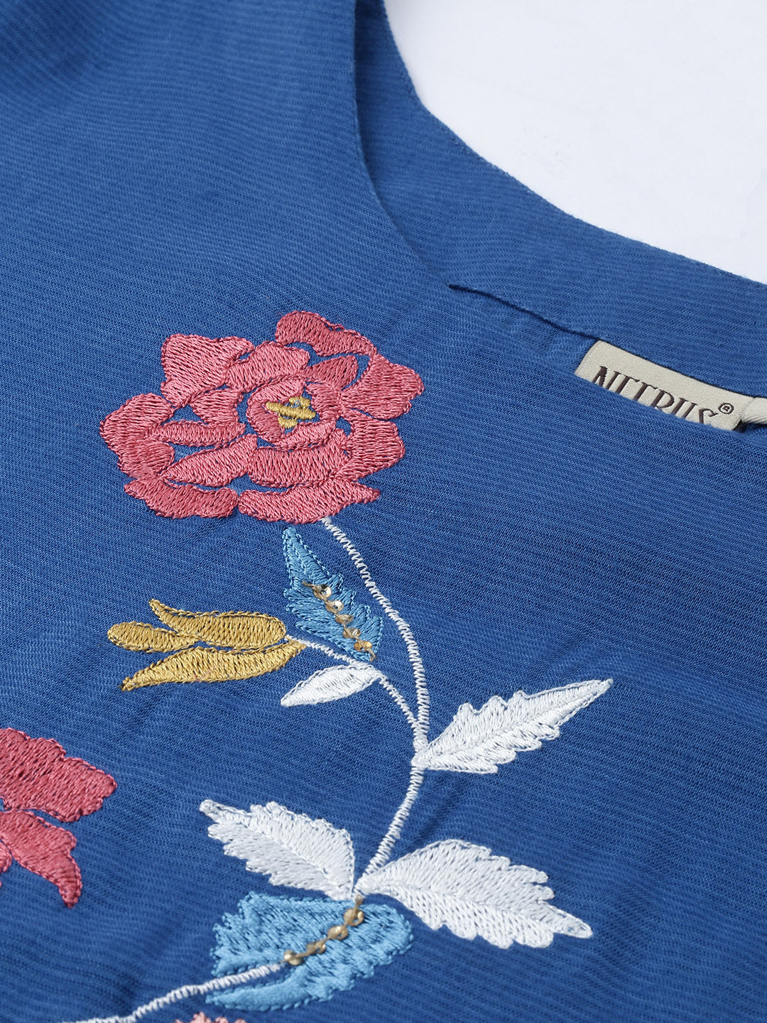 Neerus Women Blue Floral Embroidered A-Line Kurta - Image 2