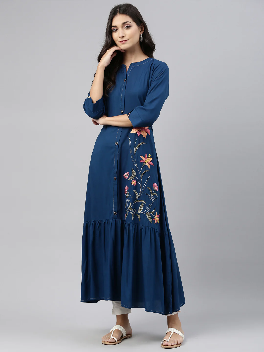 Neerus Women Blue Floral Embroidered Kurta - Image 5
