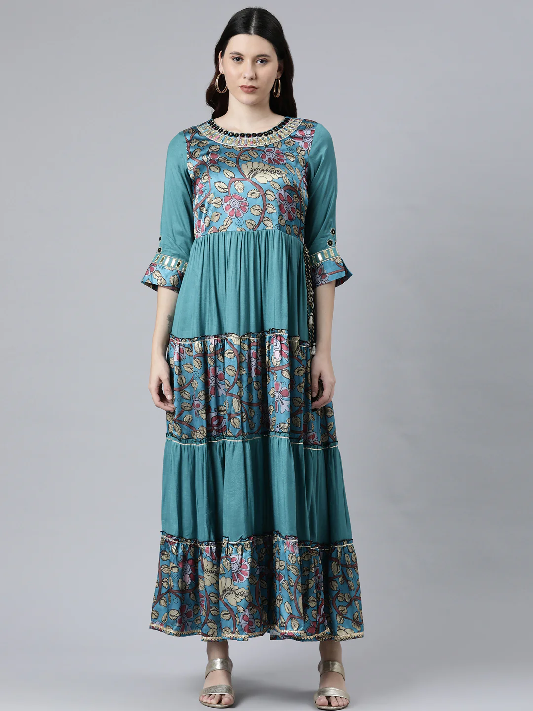 Neerus Women Blue Floral Printed Bell Sleeves Anarkali Kurta
