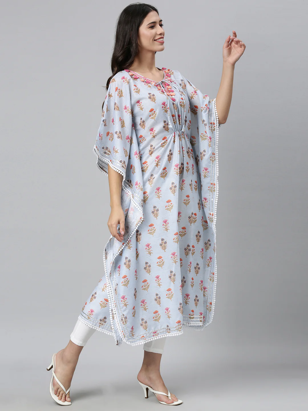 Neerus Women Blue Floral Printed Flared Sleeves Floral Kaftan Kurta - Image 3