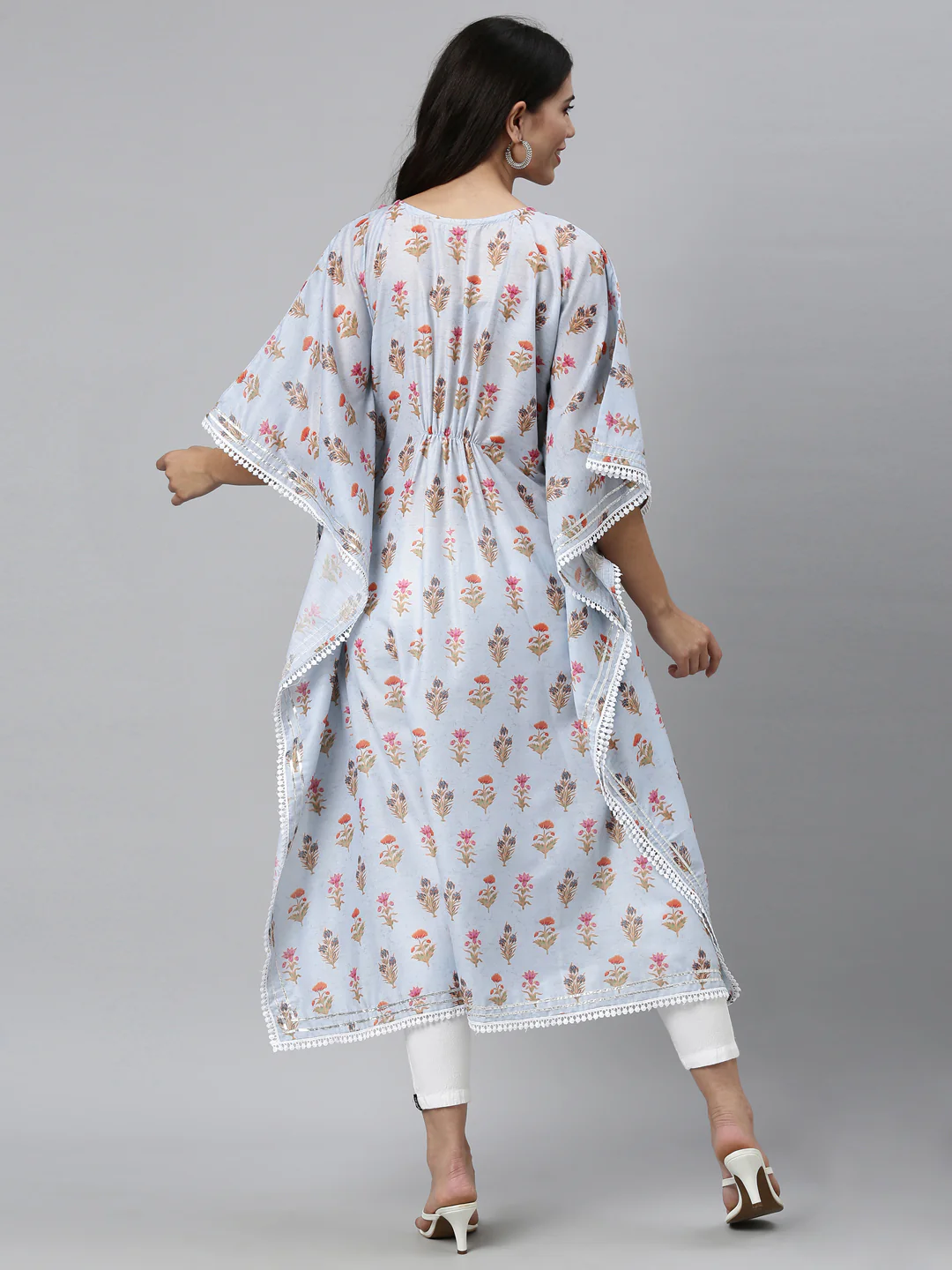 Neerus Women Blue Floral Printed Flared Sleeves Floral Kaftan Kurta - Image 4