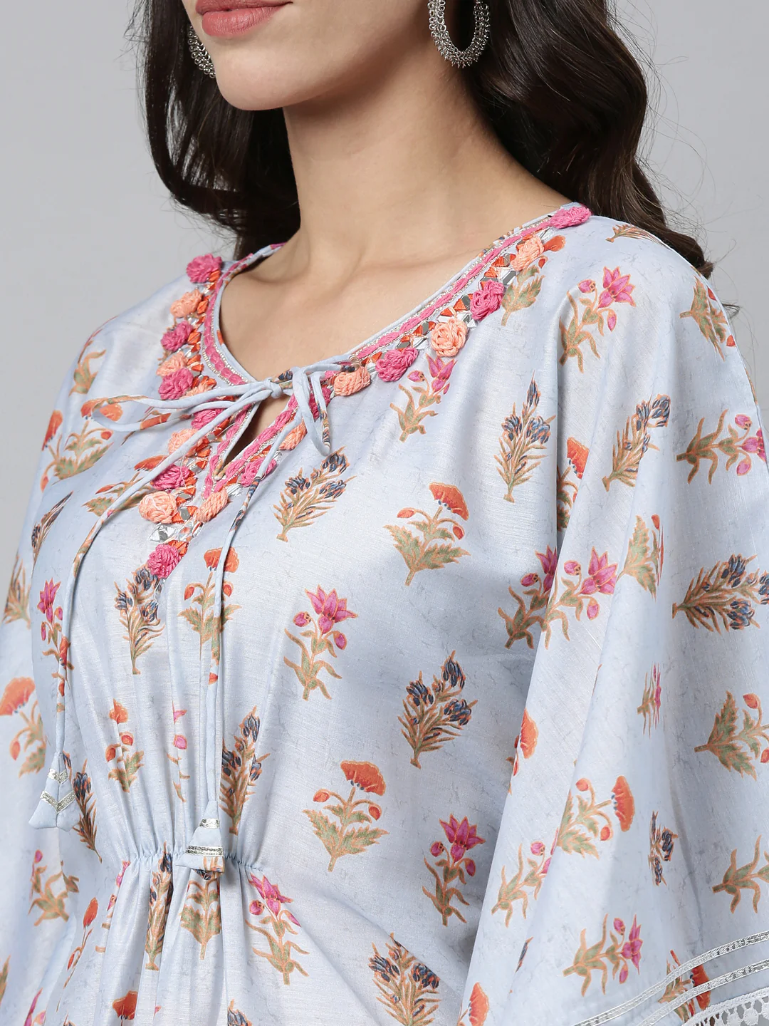 Neerus Women Blue Floral Printed Flared Sleeves Floral Kaftan Kurta - Image 5