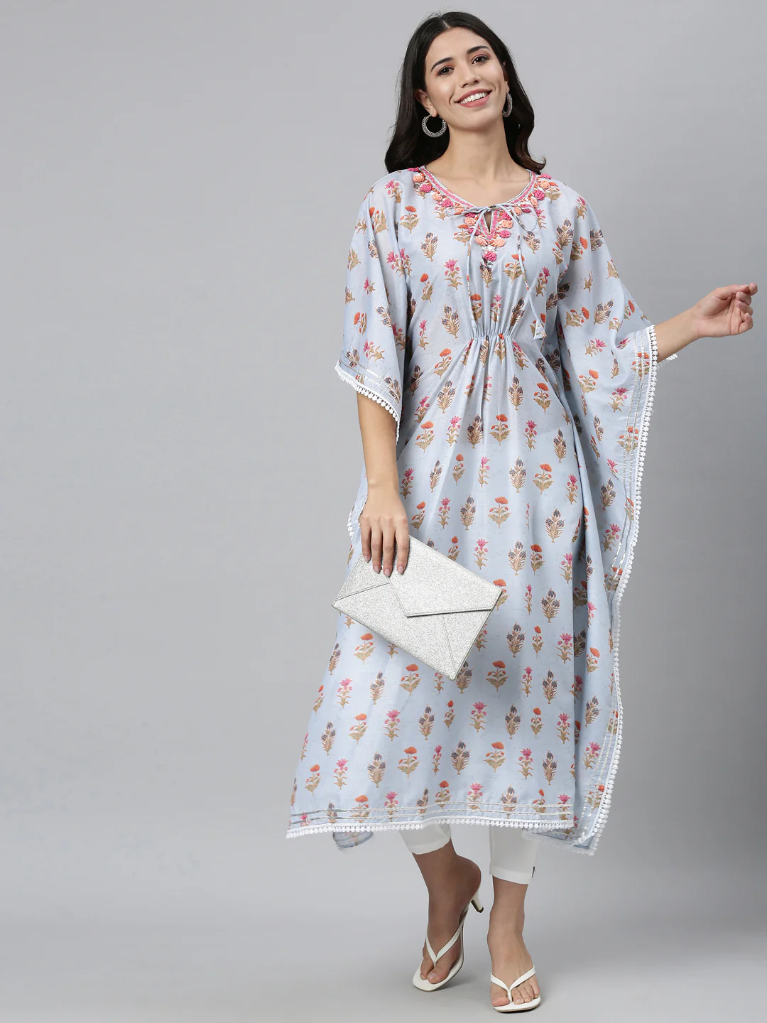 Neerus Women Blue Floral Printed Flared Sleeves Floral Kaftan Kurta - Image 7