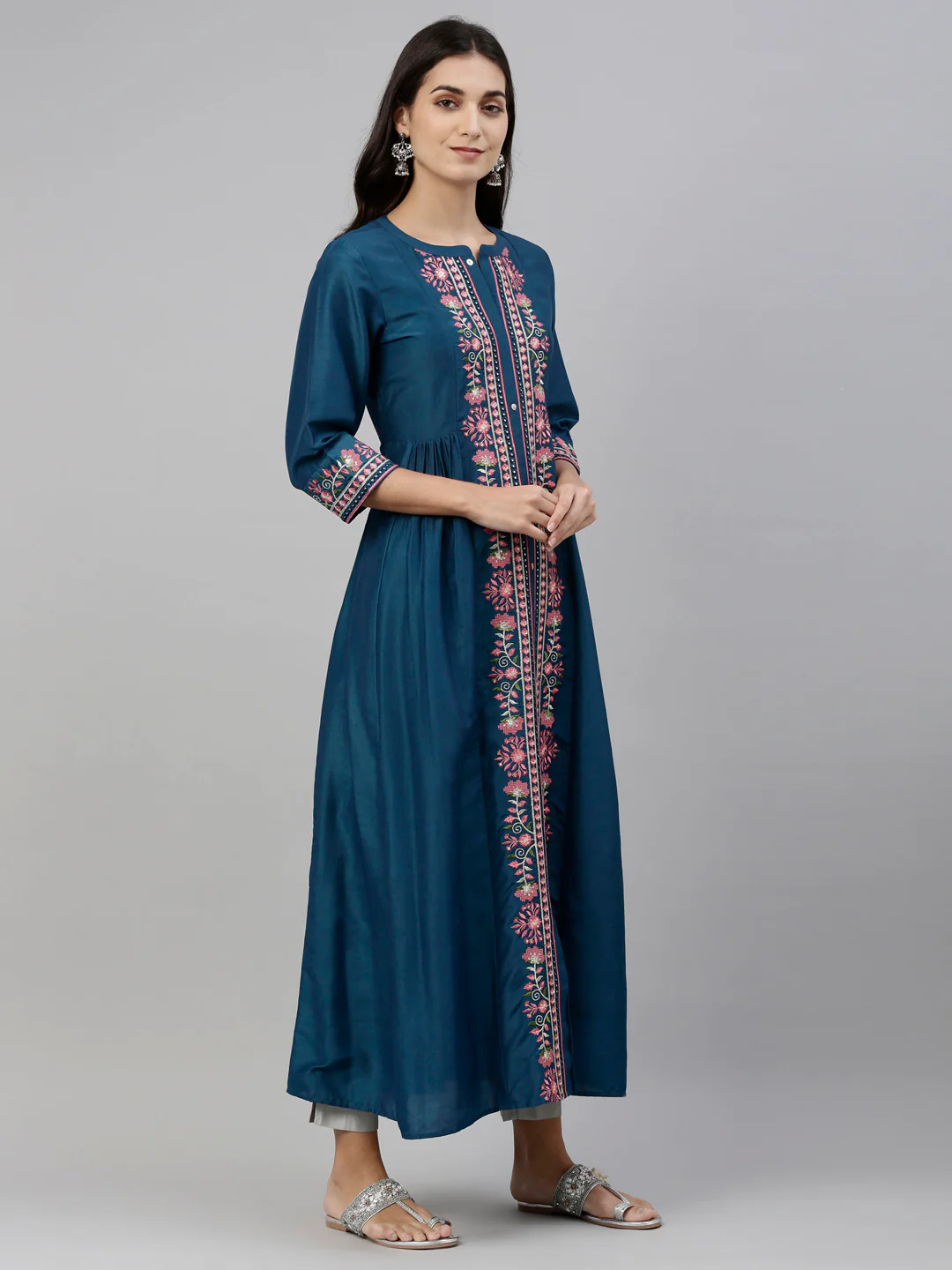 Neerus Women Blue Pink Floral Embroidered A-Line Kurta - Image 2