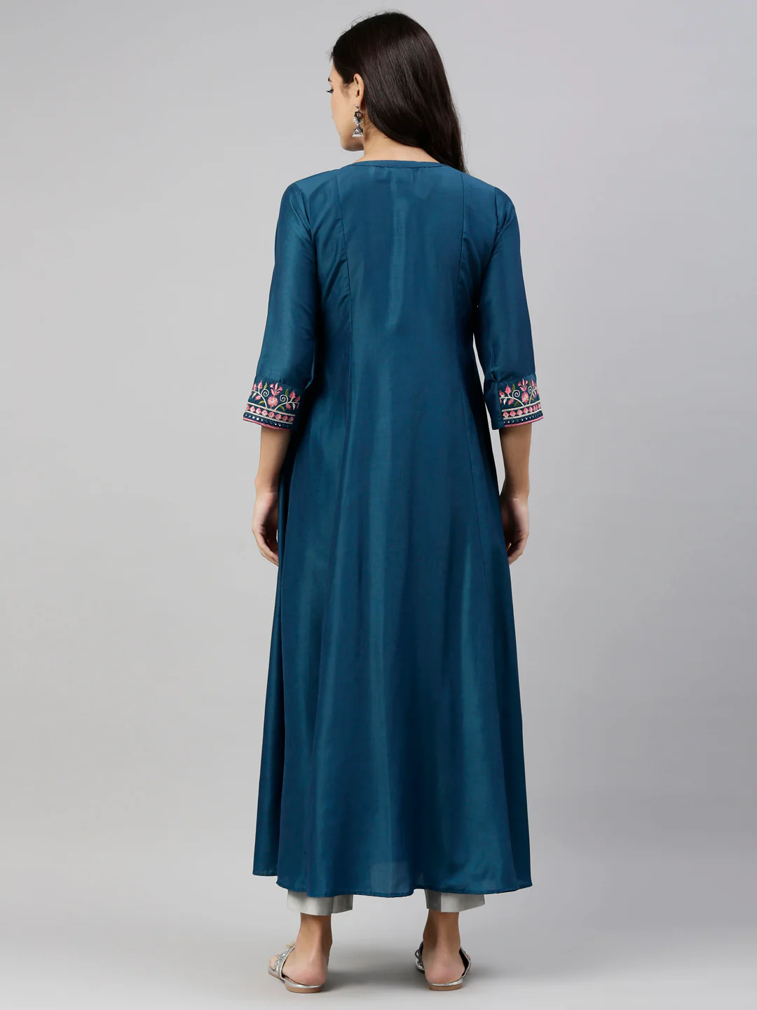 Neerus Women Blue Pink Floral Embroidered A-Line Kurta - Image 3