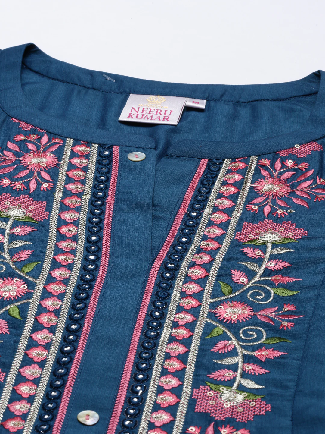 Neerus Women Blue Pink Floral Embroidered A-Line Kurta - Image 4