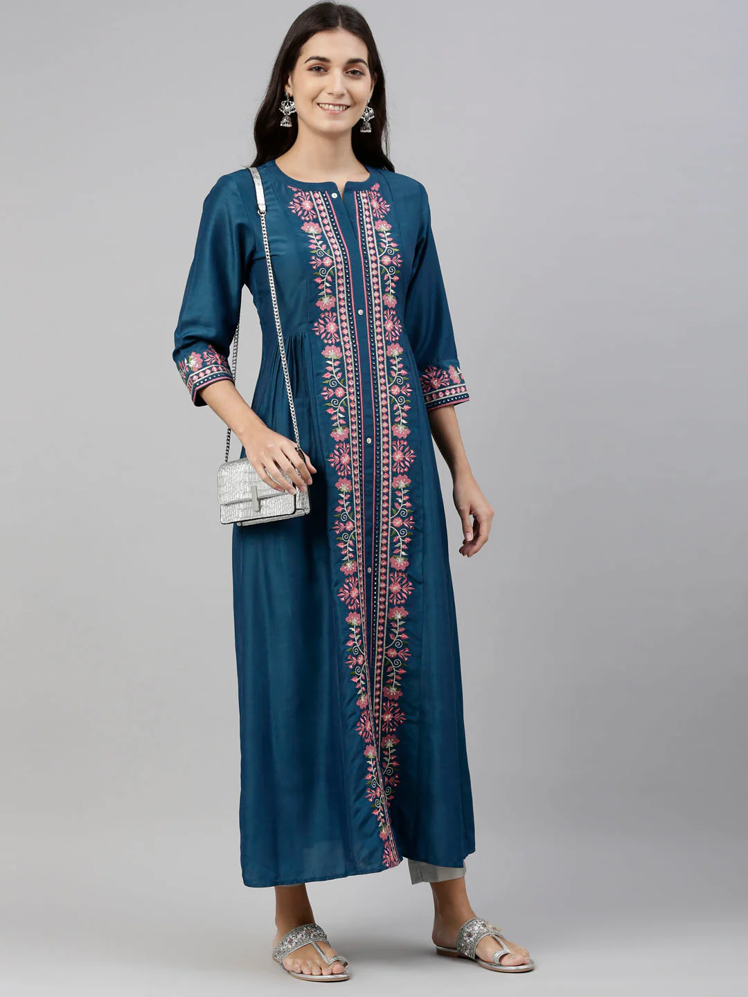 Neerus Women Blue Pink Floral Embroidered A-Line Kurta - Image 5