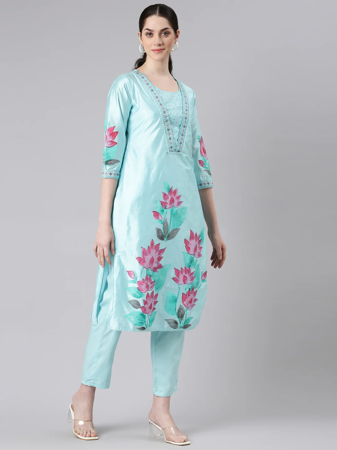 Neerus Women Blue Straight Kurta and Trousers With Dupatta - Image 2