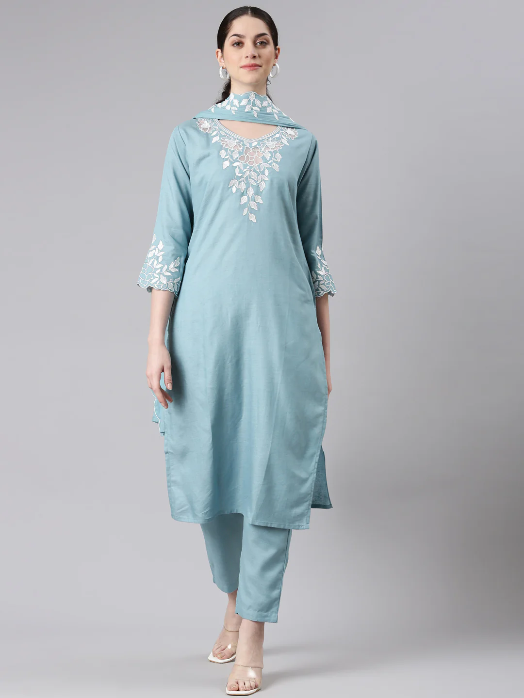 Neerus Women Blue Straight Kurta and Trousers With Dupatta