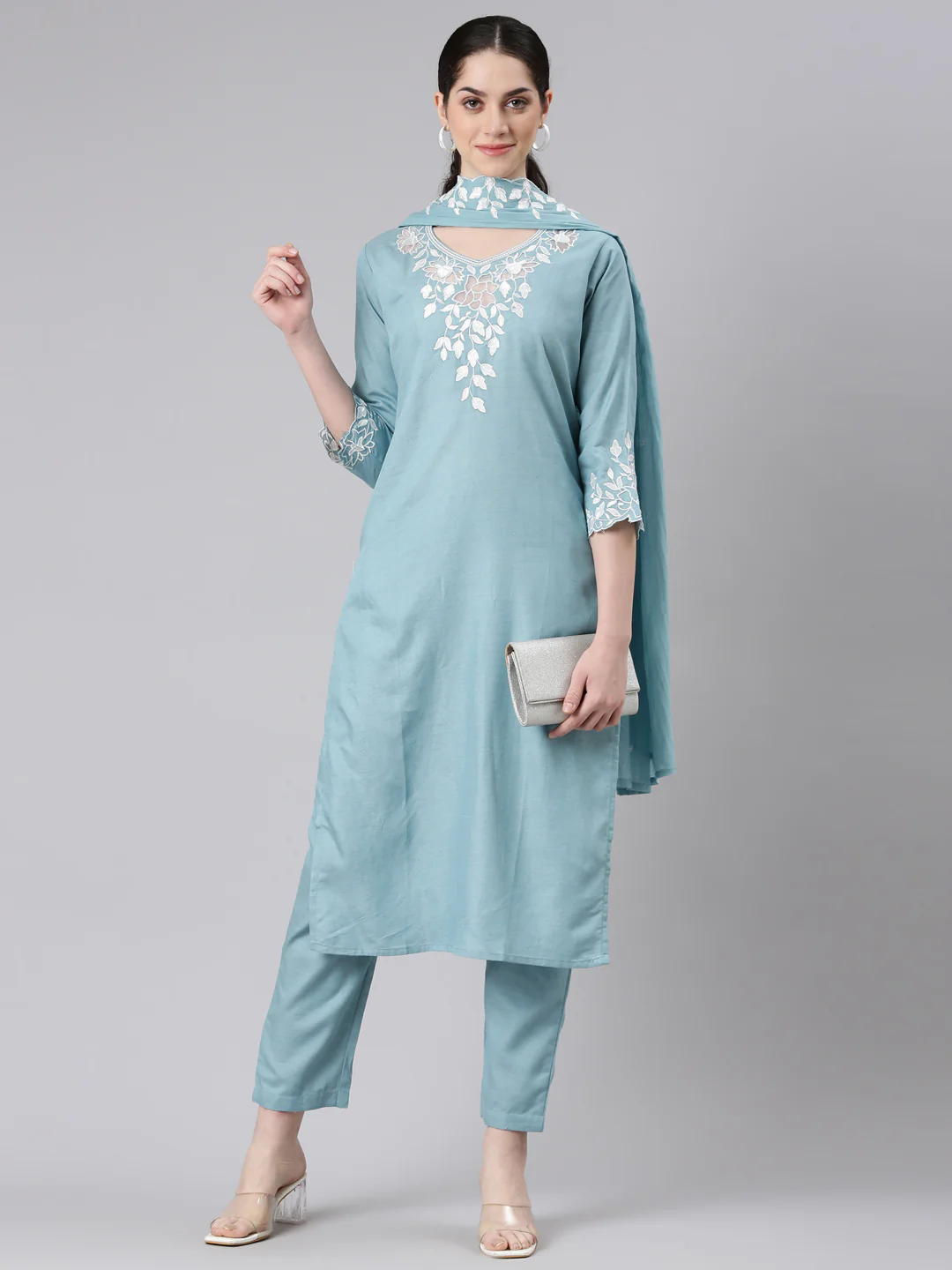 Neerus Women Blue Straight Kurta and Trousers With Dupatta - Image 5