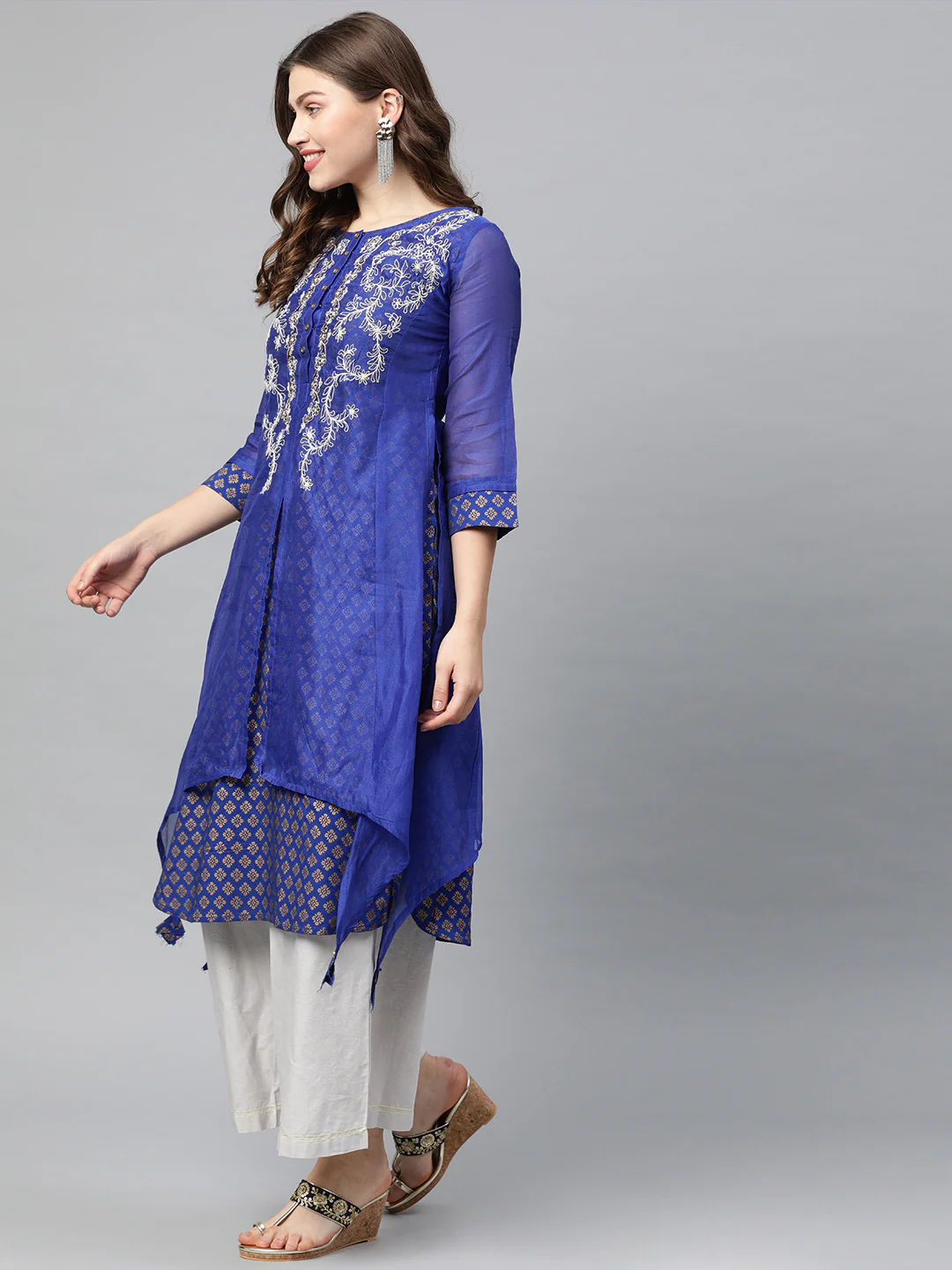Neerus Women Blue White Embroidered A-Line Layered Kurta - Image 3