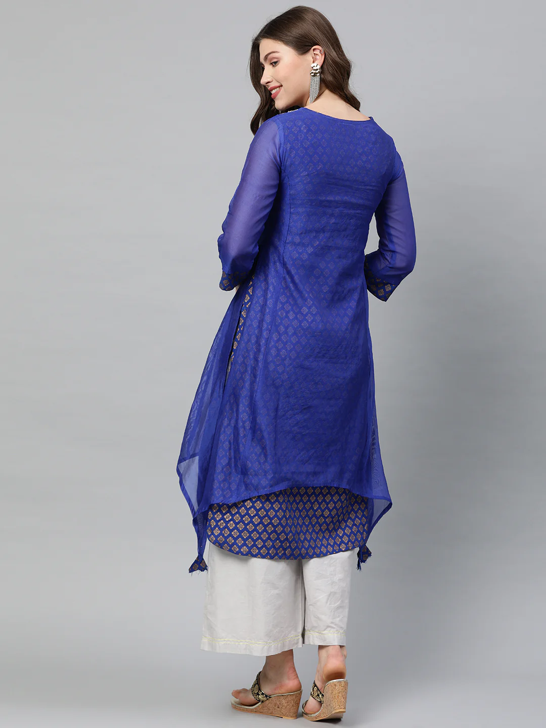 Neerus Women Blue White Embroidered A-Line Layered Kurta - Image 4